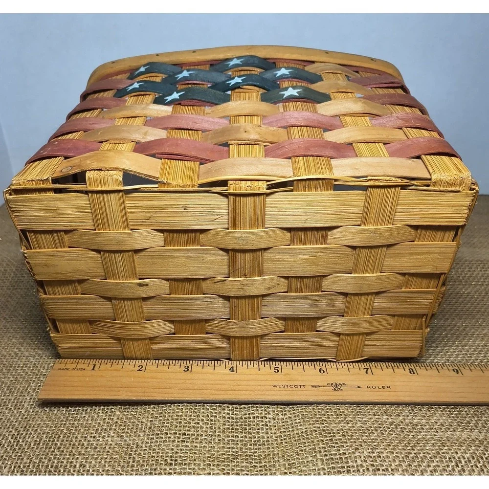 Stars & Stripes American Flag Basket W Handle Americana Home Decor Table Or Wall